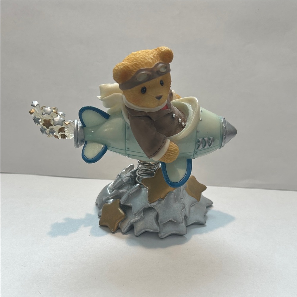 Cherished Teddies Silver and Blue Bear on Rocket (1999–Millennium Event Fig.)